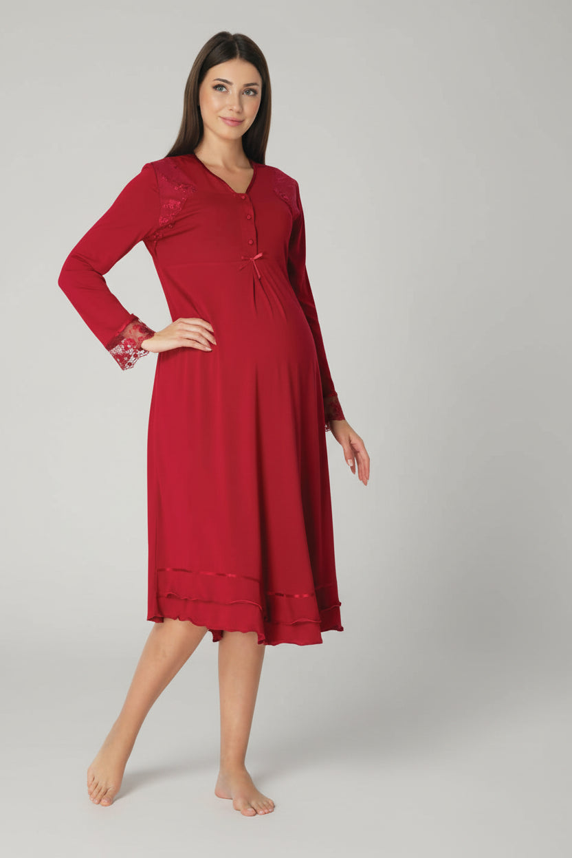 Pink maternity nightdress by Mini Plum – long-sleeve nursing nightwear with V-neck, breastfeeding-friendly, hospital bag ready