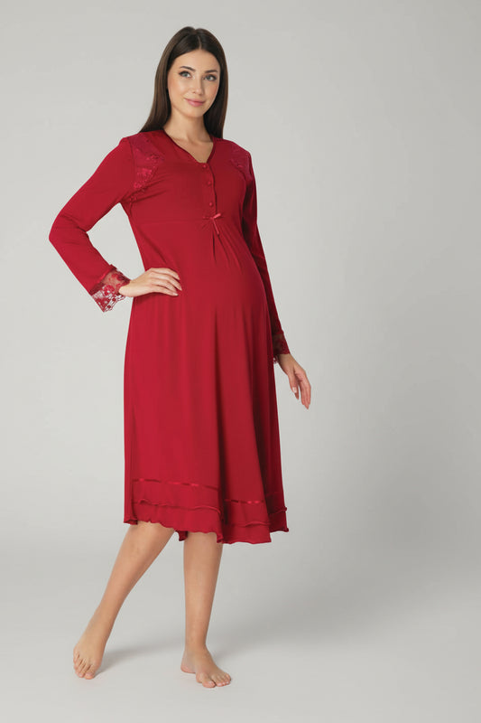 Pink maternity nightdress by Mini Plum – long-sleeve nursing nightwear with V-neck, breastfeeding-friendly, hospital bag ready