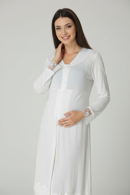 White maternity nightdress by Mini Plum – long-sleeve with button-front nursing opening, side view