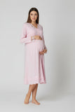 White maternity nightie by Mini Plum – long-sleeve breastfeeding nightwear, fabric detail