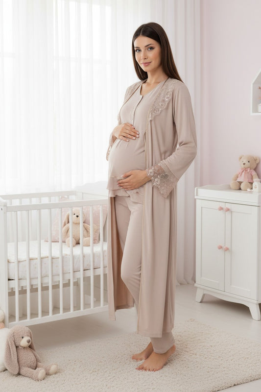 Beige pyjama & robe set by Mini Plum – long-sleeve nursing nightwear with V-neck, breastfeeding-friendly, hospital bag ready