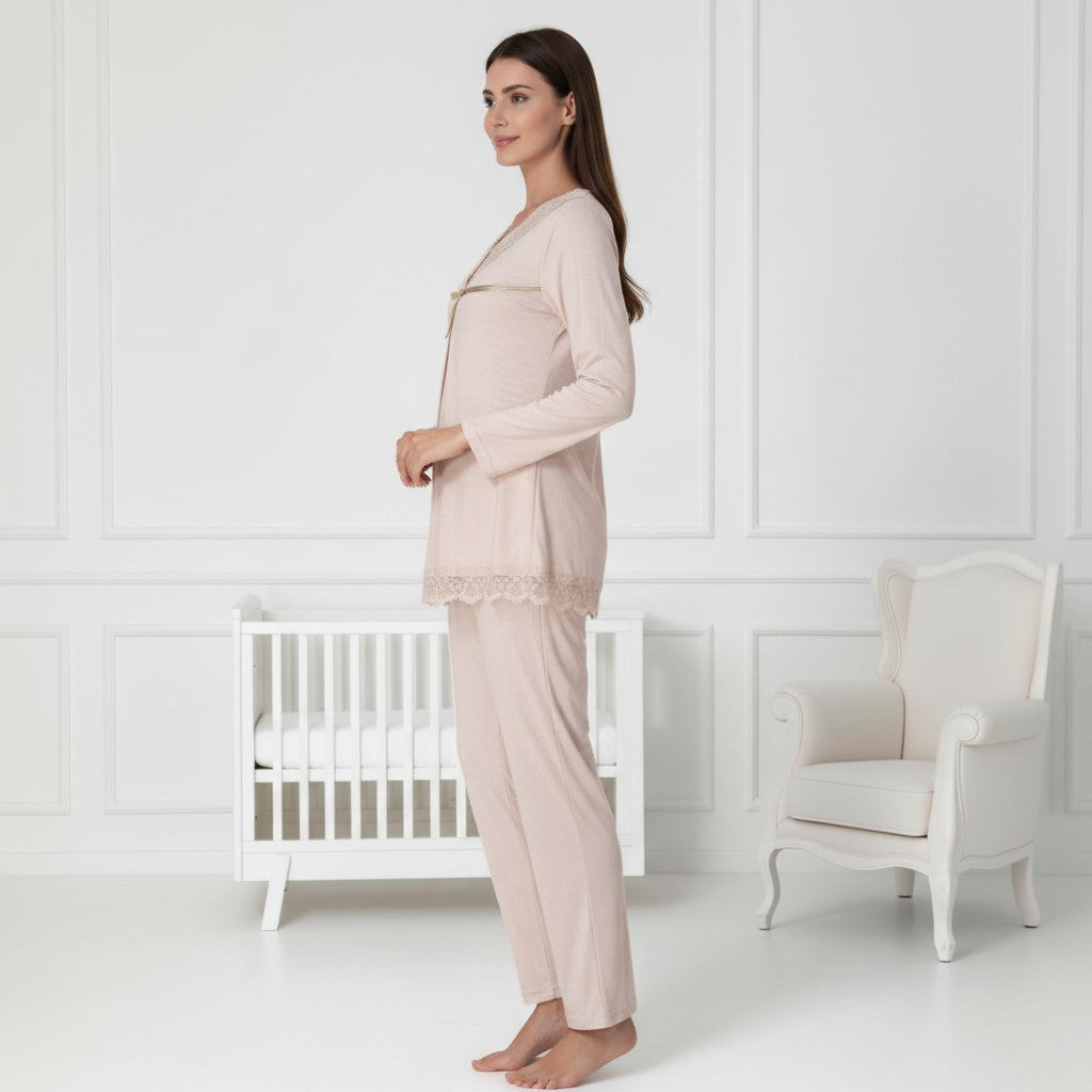 Beige pyjama & robe set by Mini Plum – long-sleeve bump-friendly fit, side view