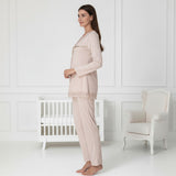 Beige maternity pyjama & robe set by Mini Plum – side view, bump-friendly fit for pregnancy & postpartum