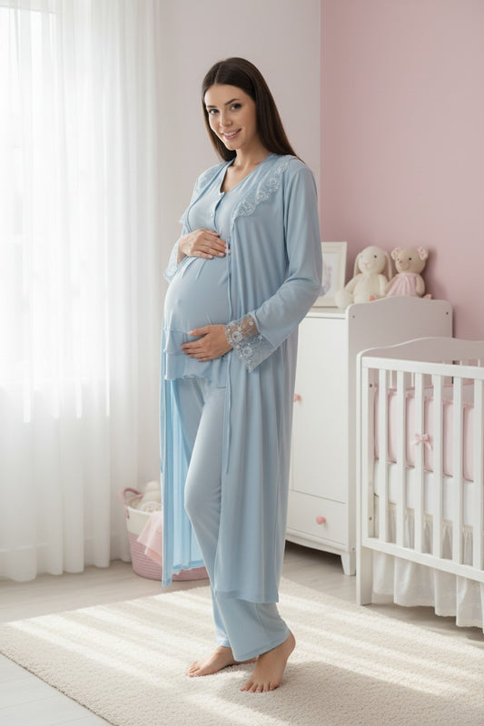 Blue pyjama & robe set by Mini Plum – long-sleeve nursing nightwear with V-neck, breastfeeding-friendly, hospital bag ready