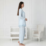 Blue maternity pyjama & robe set by Mini Plum – side view, bump-friendly fit for pregnancy & postpartum