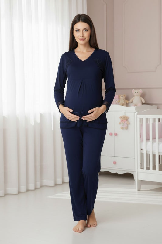 Navy pyjama & robe set by Mini Plum – long-sleeve nursing nightwear with V-neck, breastfeeding-friendly, hospital bag ready