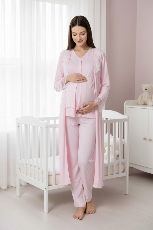 Pink pyjama & robe set by Mini Plum – long-sleeve nursing nightwear with V-neck, breastfeeding-friendly, hospital bag ready