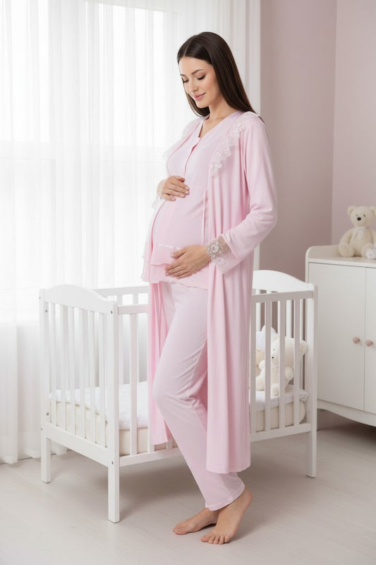Pink pyjama & robe set by Mini Plum – lace detail and V-neck, maternity & nursing