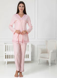 Pink maternity pyjama & robe set by Mini Plum – long-sleeve breastfeeding nightwear, fabric detail