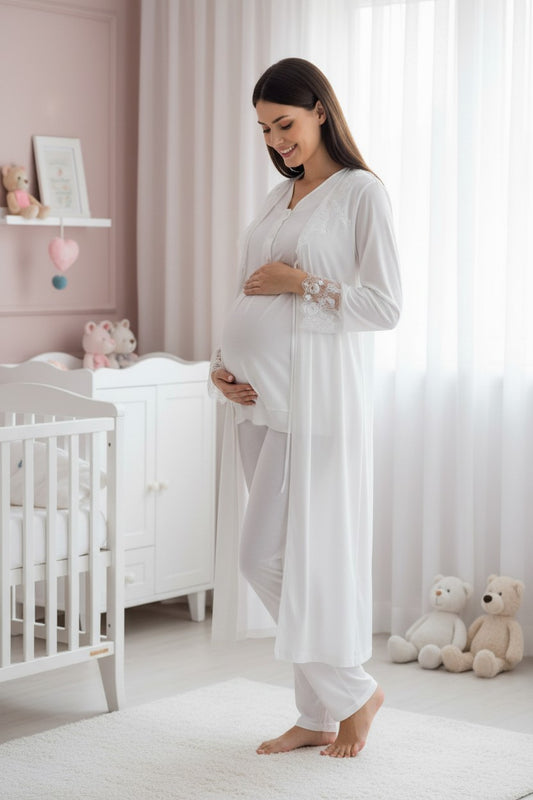 White pyjama & robe set by Mini Plum – long-sleeve nursing nightwear with V-neck, breastfeeding-friendly, hospital bag ready