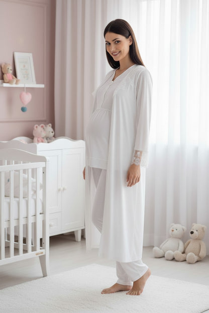 White pyjama & robe set by Mini Plum – lace detail and V-neck, maternity & nursing