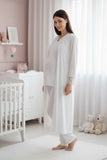 White maternity pyjama & robe set by Mini Plum – lace neckline & button-front nursing detail, cotton modal
