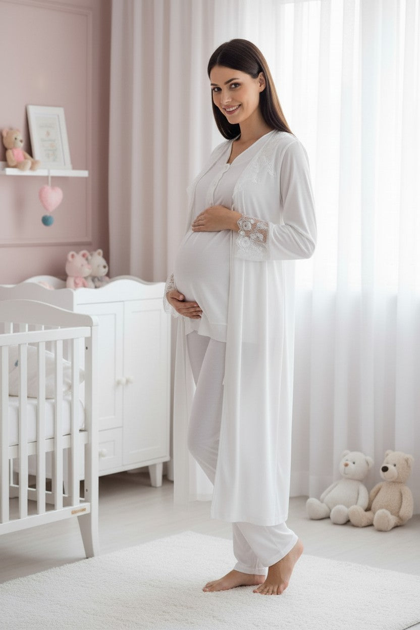 White pyjama & robe set by Mini Plum – long-sleeve bump-friendly fit, side view