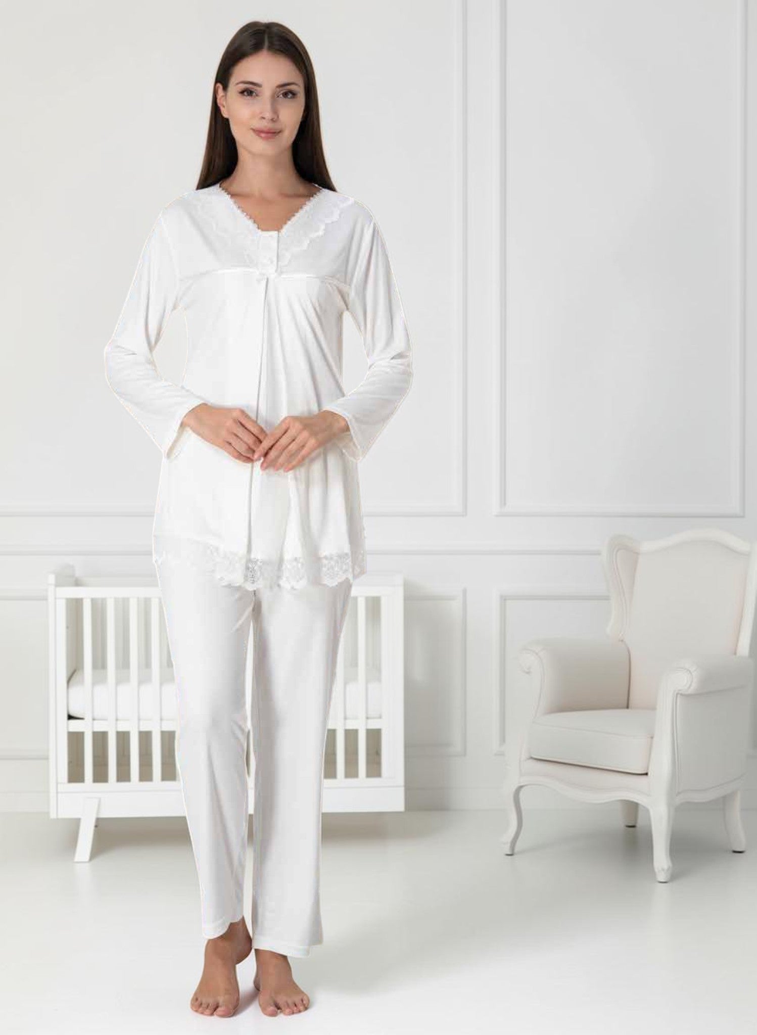 White pyjama & robe set by Mini Plum – close-up of lace detail, soft cotton-modal fabric