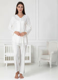 White maternity pyjama & robe set by Mini Plum – long-sleeve breastfeeding nightwear, fabric detail