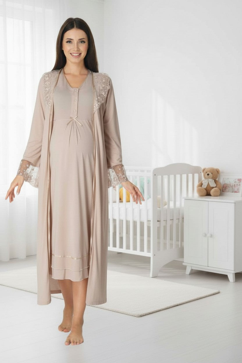 Beige nightie & robe set by Mini Plum – long-sleeve nursing nightwear with V-neck, breastfeeding-friendly, hospital bag ready