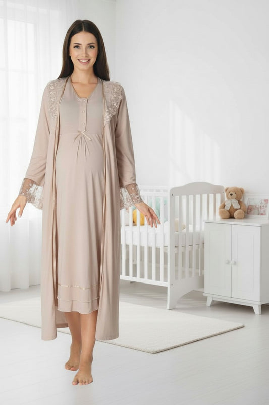 Beige nightie & robe set by Mini Plum – long-sleeve nursing nightwear with V-neck, breastfeeding-friendly, hospital bag ready