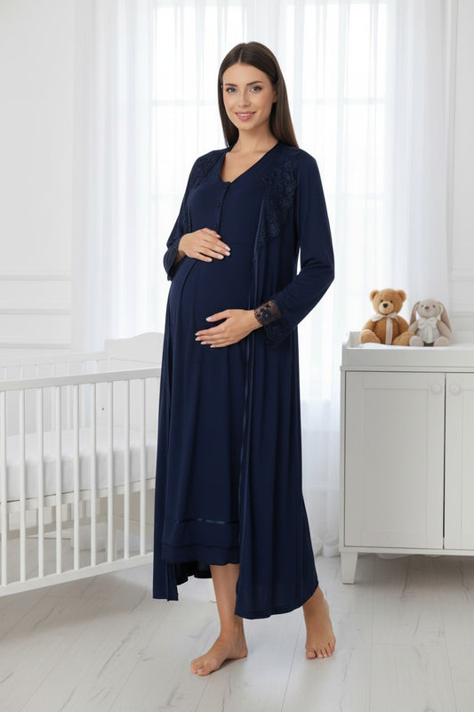 Navy nightie & robe set by Mini Plum – long-sleeve nursing nightwear with V-neck, breastfeeding-friendly, hospital bag ready