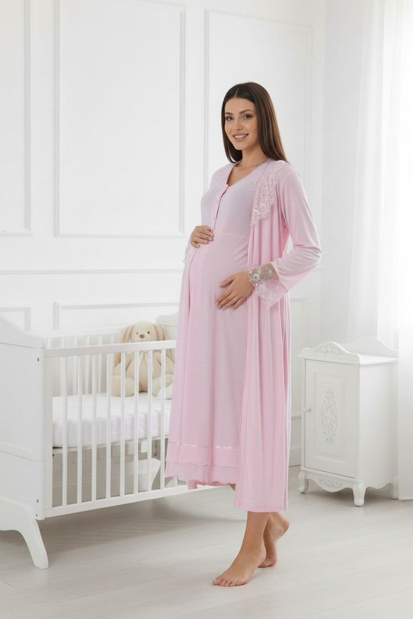 Pink nightie & robe set by Mini Plum – long-sleeve nursing nightwear with V-neck, breastfeeding-friendly, hospital bag ready