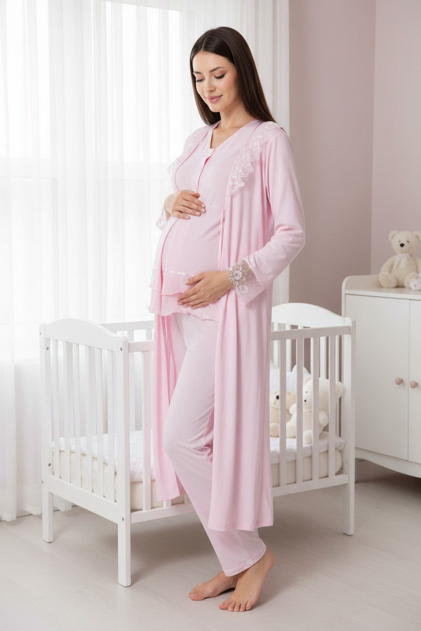 Pink nightie & robe set by Mini Plum – lace detail and V-neck, maternity & nursing