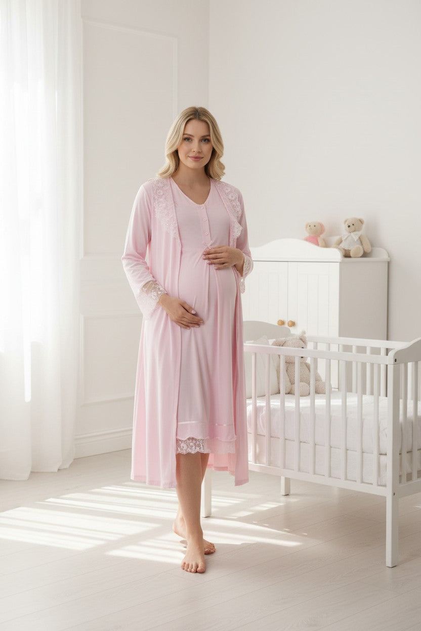 Pink nightie & robe set by Mini Plum – long-sleeve bump-friendly fit, side view