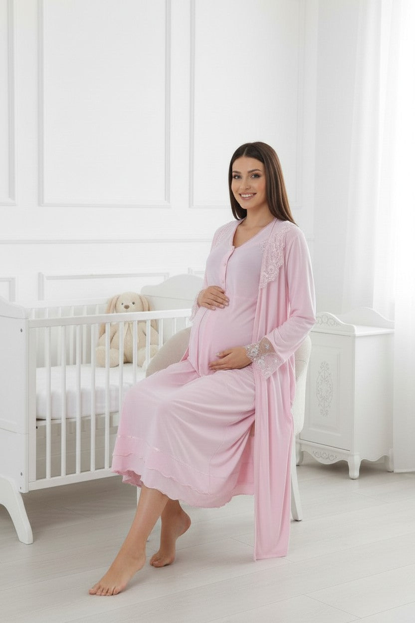 Pink nightie & robe set by Mini Plum – close-up of lace detail, soft cotton-modal fabric