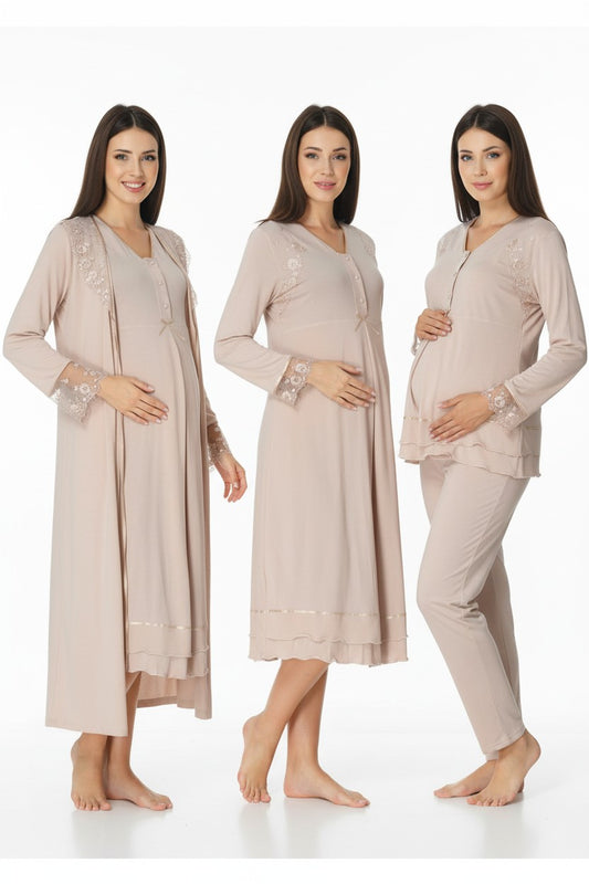 Beige 4-piece maternity set by Mini Plum – long-sleeve nursing nightwear with V-neck, breastfeeding-friendly, hospital bag ready