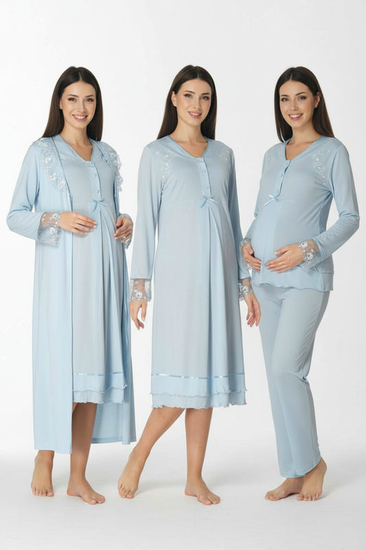 Blue 4-piece maternity set by Mini Plum – long-sleeve nursing nightwear with V-neck, breastfeeding-friendly, hospital bag ready