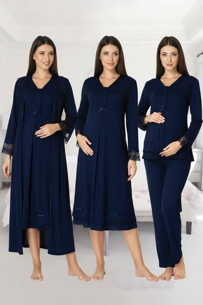 Navy 4-piece maternity set by Mini Plum – long-sleeve nursing nightwear with V-neck, breastfeeding-friendly, hospital bag ready