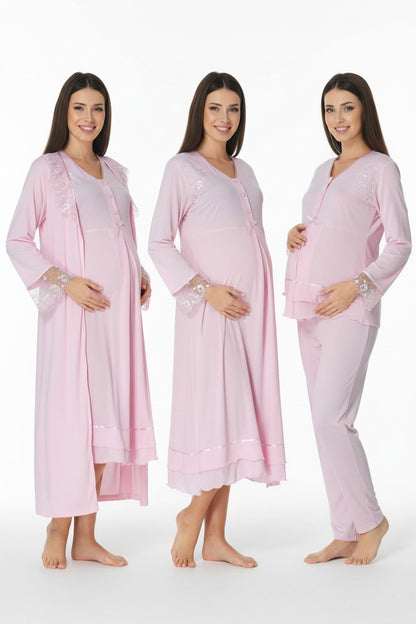 Pink 4-piece maternity set by Mini Plum – long-sleeve nursing nightwear with V-neck, breastfeeding-friendly, hospital bag ready