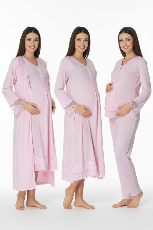 Pink 4-piece maternity set by Mini Plum – long-sleeve nursing nightwear with V-neck, breastfeeding-friendly, hospital bag ready