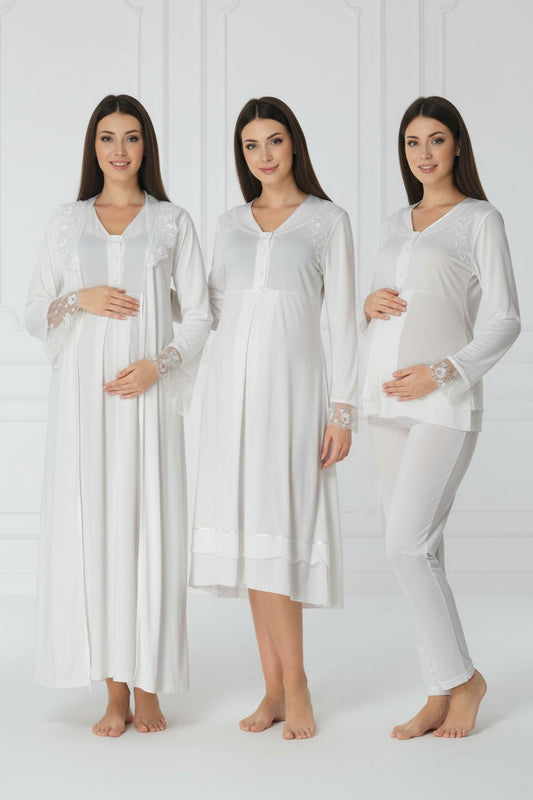 White 4-piece maternity set by Mini Plum – long-sleeve nursing nightwear with V-neck, breastfeeding-friendly, hospital bag ready