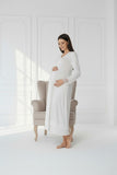 White 4 piece hospital bag set by Mini Plum – lace neckline & button-front nursing detail, cotton modal