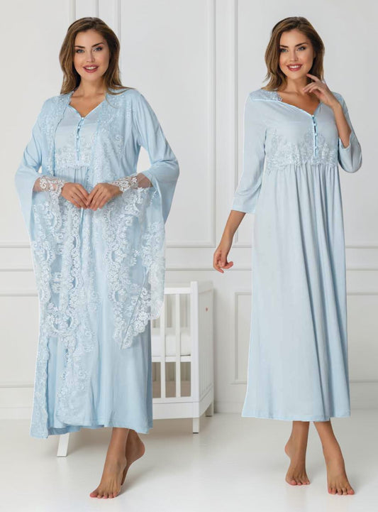 Blue nightie & robe set by Mini Plum – long-sleeve nursing nightwear with sweetheart neckline, breastfeeding-friendly, hospital bag ready