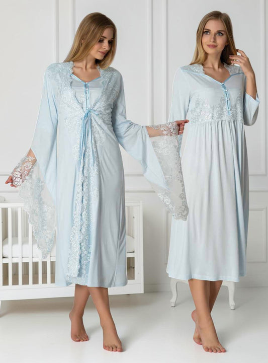 Blue nightie & robe set by Mini Plum – lace detail and sweetheart neckline, maternity & nursing
