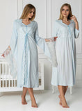 Blue maternity nightie & robe set by Mini Plum – lace neckline & button-front nursing detail, cotton modal