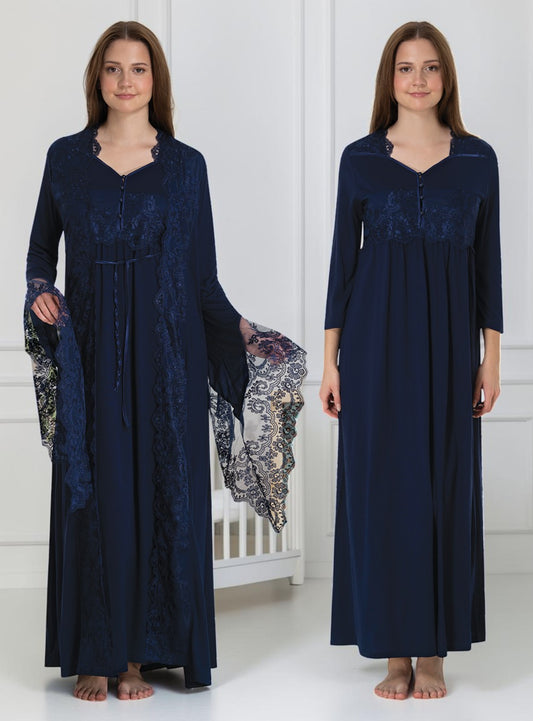 Navy nightie & robe set by Mini Plum – long-sleeve nursing nightwear with sweetheart neckline, breastfeeding-friendly, hospital bag ready