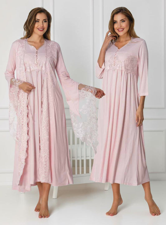 Pink nightie & robe set by Mini Plum – long-sleeve nursing nightwear with sweetheart neckline, breastfeeding-friendly, hospital bag ready