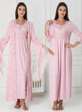 Pink maternity nightie & robe set by Mini Plum – lace neckline & button-front nursing detail, cotton modal