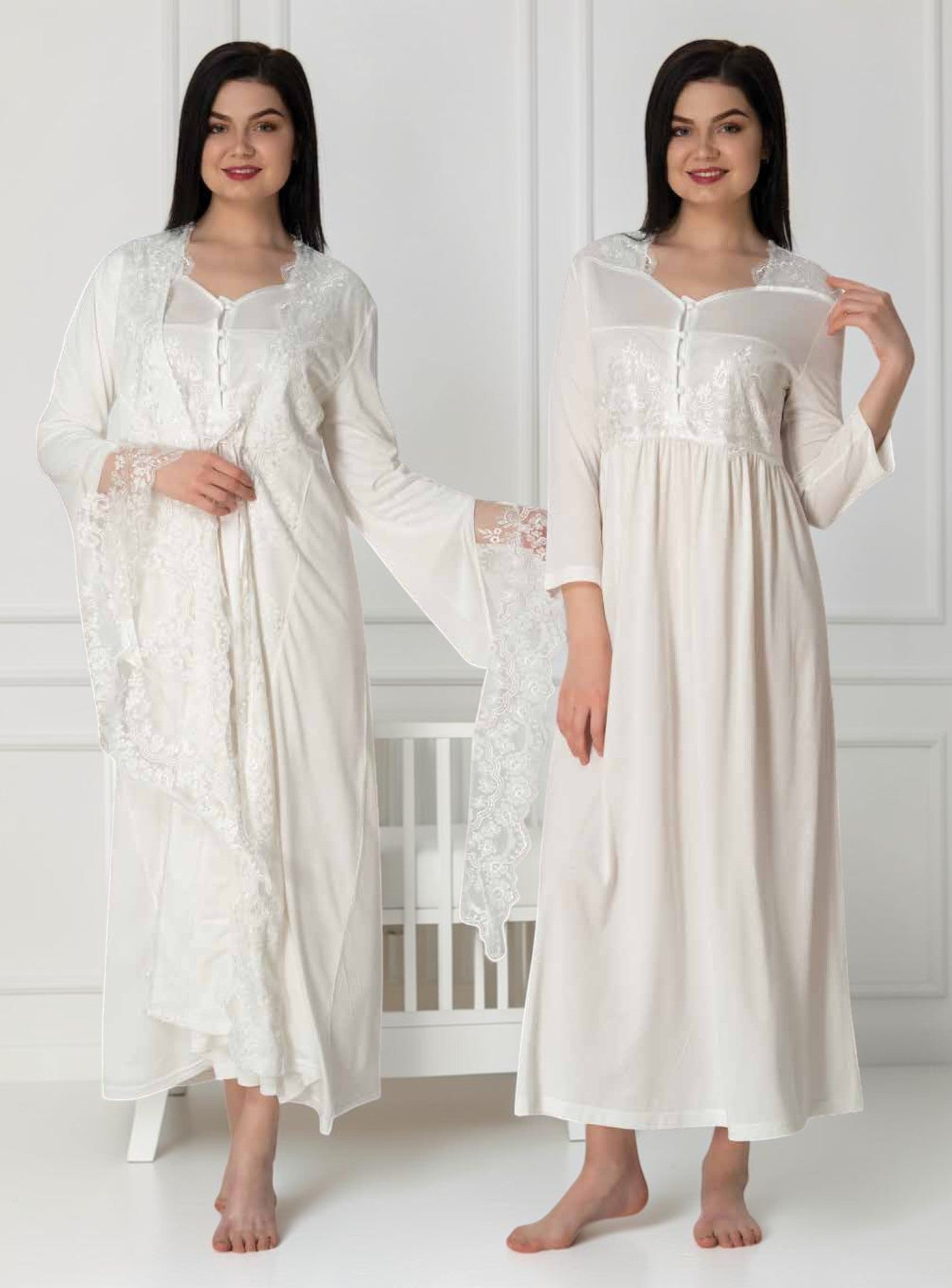 White nightie & robe set by Mini Plum – long-sleeve nursing nightwear with sweetheart neckline, breastfeeding-friendly, hospital bag ready