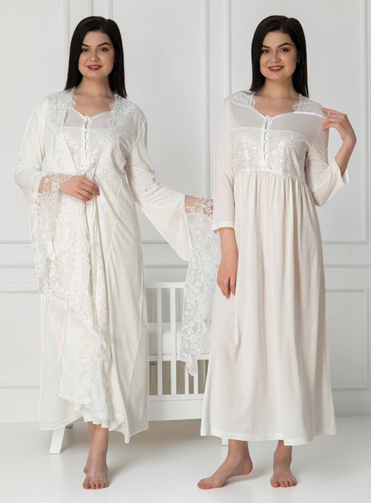 White nightie & robe set by Mini Plum – long-sleeve nursing nightwear with sweetheart neckline, breastfeeding-friendly, hospital bag ready