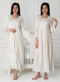 White maternity nightie & robe set by Mini Plum – breastfeeding-friendly nursing nightwear in soft cotton modal