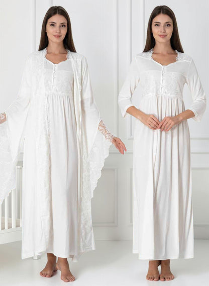 White nightie & robe set by Mini Plum – lace detail and sweetheart neckline, maternity & nursing