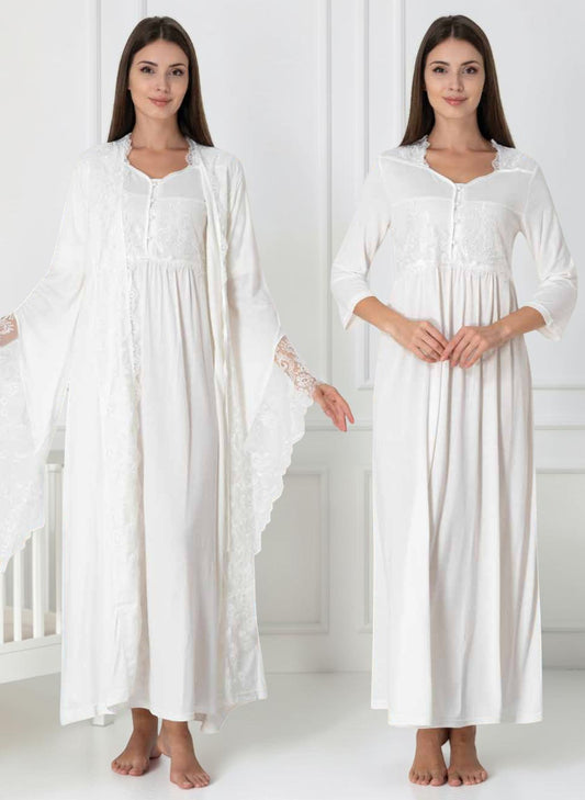 White nightie & robe set by Mini Plum – lace detail and sweetheart neckline, maternity & nursing