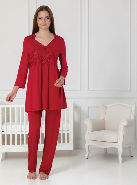 Cherry Red maternity pyjamas by Mini Plum – long-sleeve nursing nightwear with V-neck, breastfeeding-friendly, hospital bag ready