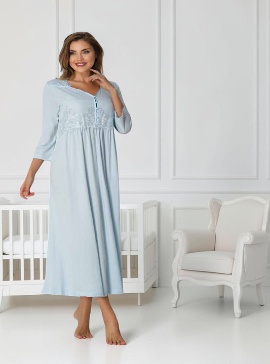 Blue maternity nightdress by Mini Plum – 3/4-sleeve nursing nightwear with V-neck, breastfeeding-friendly, hospital bag ready