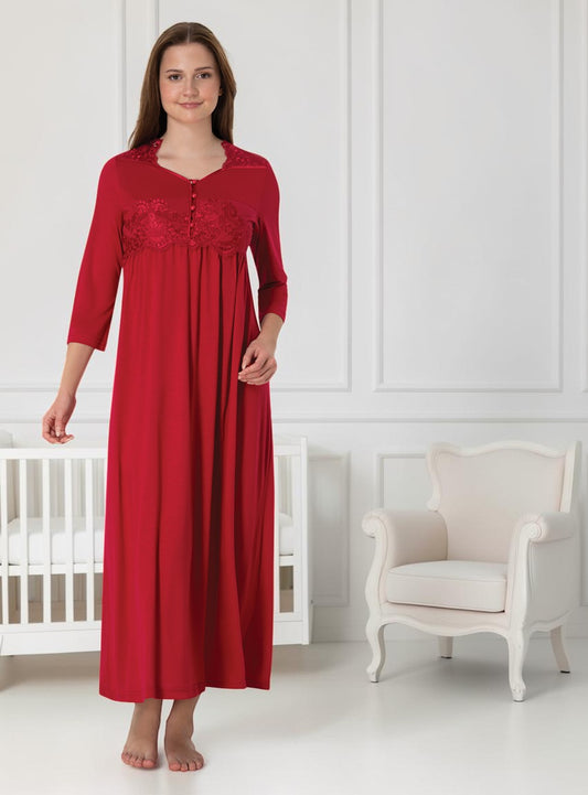 Cherry Red maternity nightdress by Mini Plum – 3/4-sleeve nursing nightwear with V-neck, breastfeeding-friendly, hospital bag ready