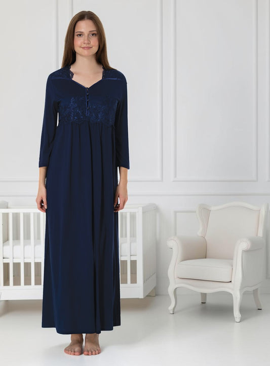 Navy maternity nightdress by Mini Plum – 3/4-sleeve nursing nightwear with V-neck, breastfeeding-friendly, hospital bag ready