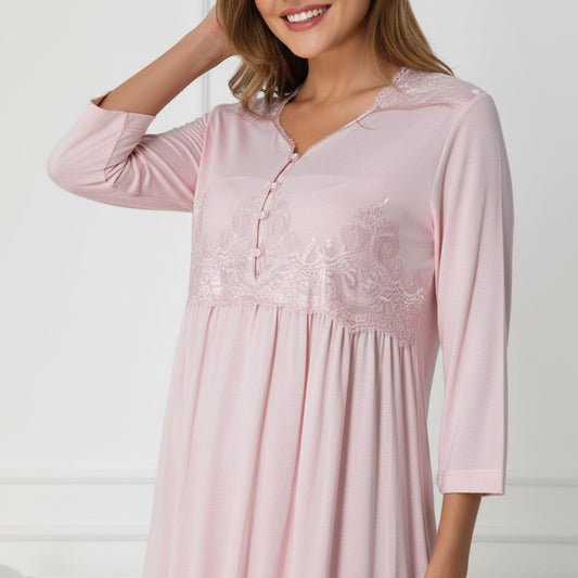 Pink maternity nightdress by Mini Plum – 3/4-sleeve nursing nightwear with V-neck, breastfeeding-friendly, hospital bag ready