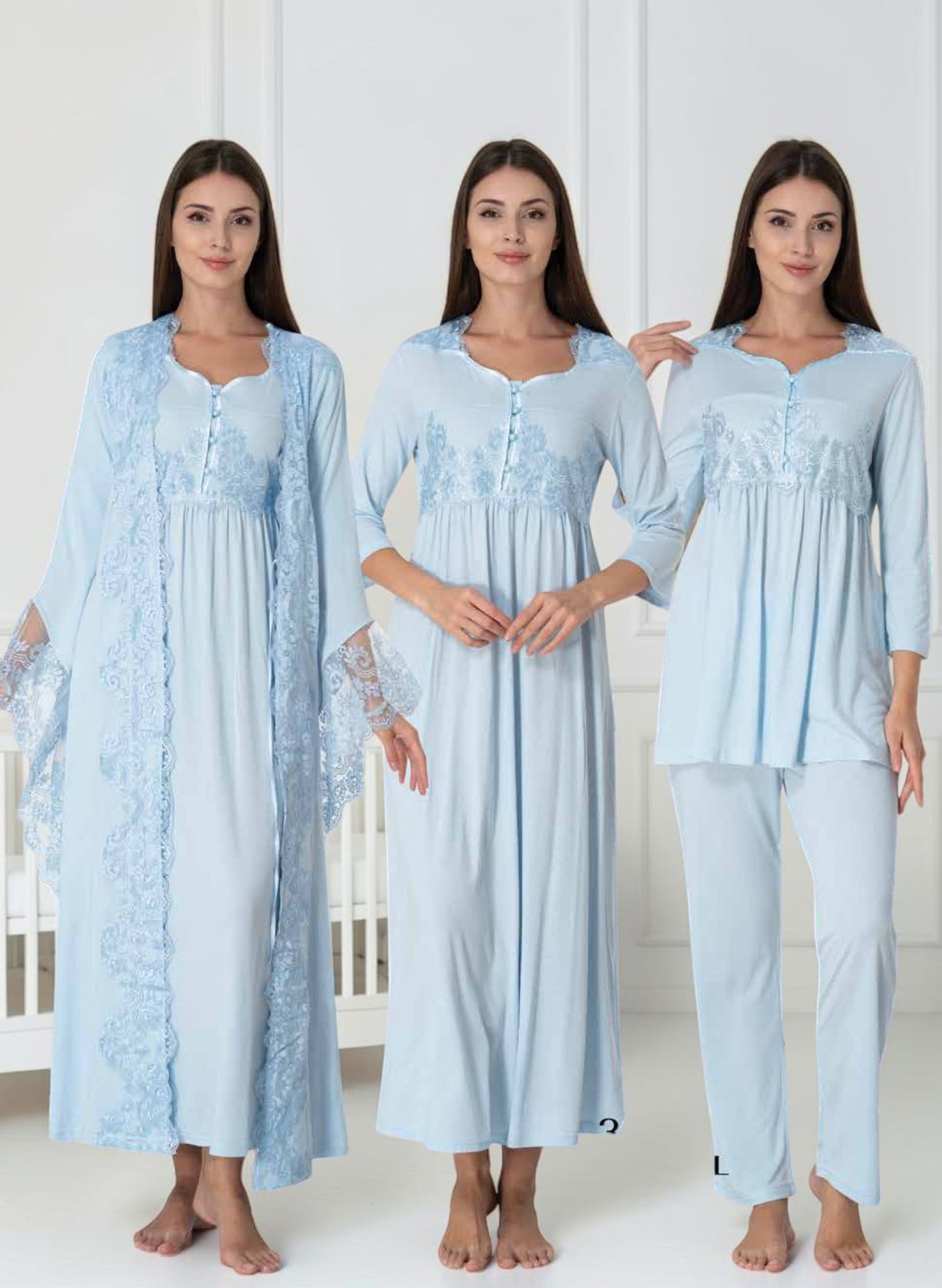 Blue 4-piece maternity set by Mini Plum – nursing nightwear with sweetheart neckline, breastfeeding-friendly, hospital bag ready